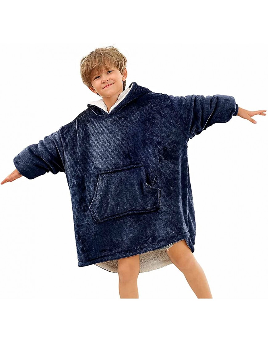 Blanket Hoodie Oversized Wearable Sweatshirt Blankets of Soft Sherpa Plush for Kids Boys Girls Cozy Warm Giant Hooded Snuggle Sweater with Front Pocket Blue - BOXRYX079