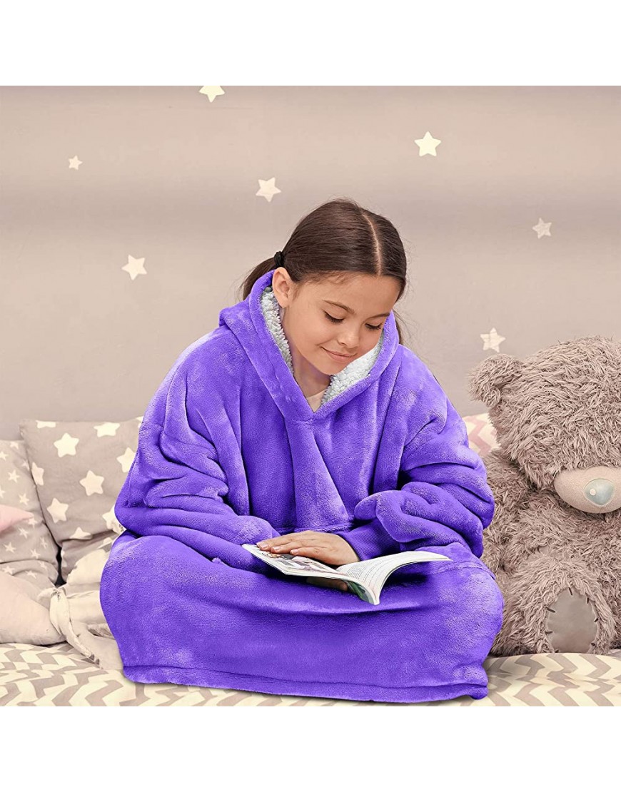Blanket Sweatshirt Super Soft Warm Cozy Wearable Sherpa Hoodie for Teens Boys Girls Youth Kids 7-15yr Oversize Reversible Hood & Large Pocket One Size Purple - BHGBNYMF5