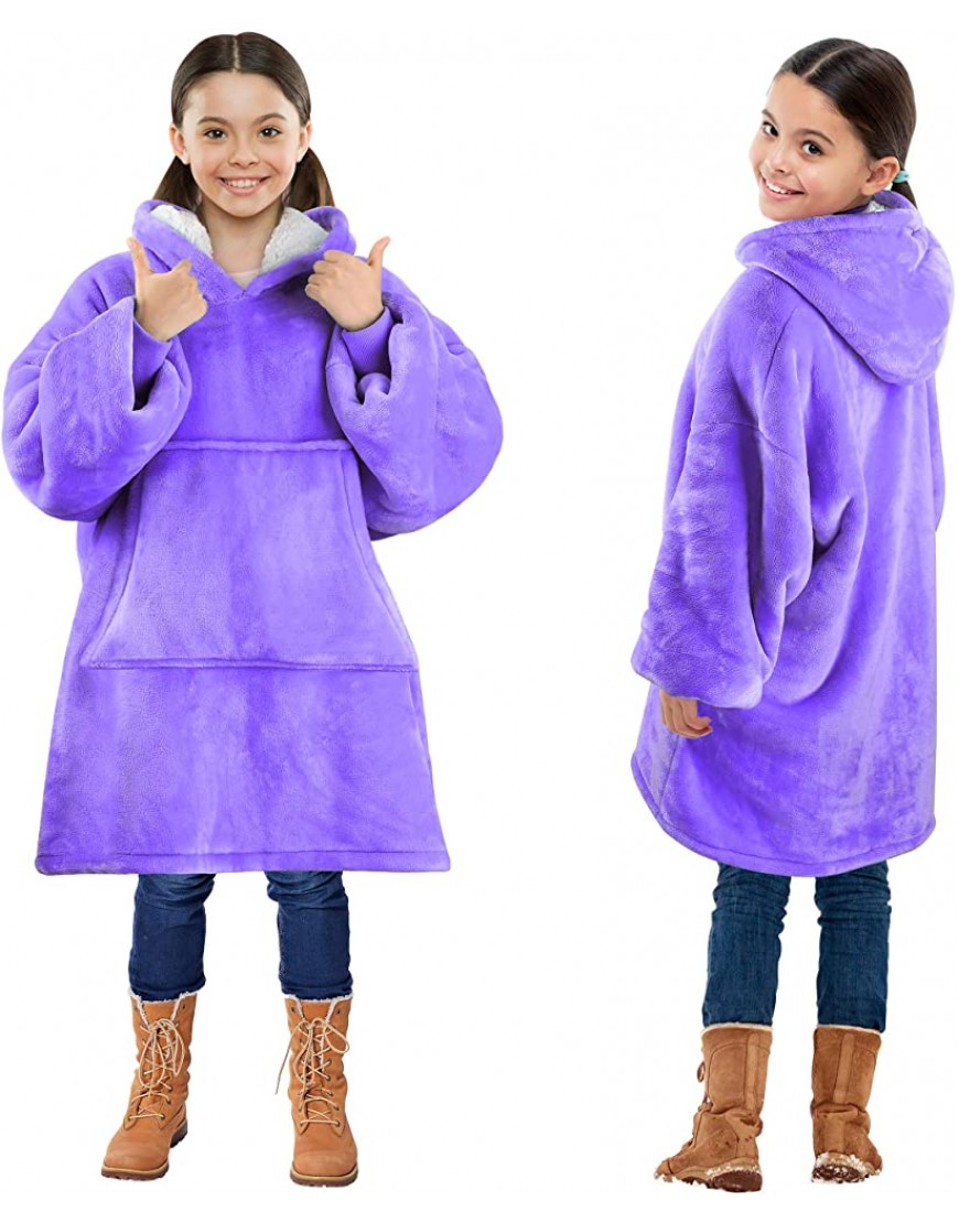 Blanket Sweatshirt Super Soft Warm Cozy Wearable Sherpa Hoodie for Teens Boys Girls Youth Kids 7-15yr Oversize Reversible Hood & Large Pocket One Size Purple - BHGBNYMF5