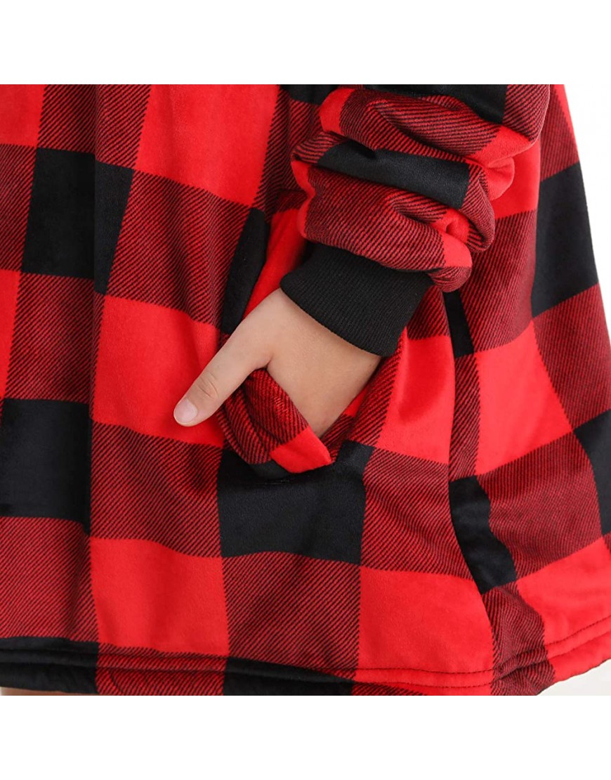LetsFunny Oversized Hooded Blanket Sweatshirt Super Soft Warm Comfortable Sherpa Wearable Blanket with Giant Pocket for Adults Men Women Teenagers Kids One Size Fits All Kids Plaid Red - BCRCBRWJW
