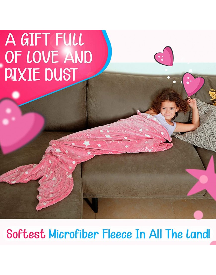 Mermaid Tail Blanket ,Glow in The Dark Throw Wearable Blanket ,Snuggle Fishtail with Stars and Positive Words Plush Cozy Soft Fleece for Kids Including UV Flashlight Birthday for Girl ,Pink - BF2QCEH1Q
