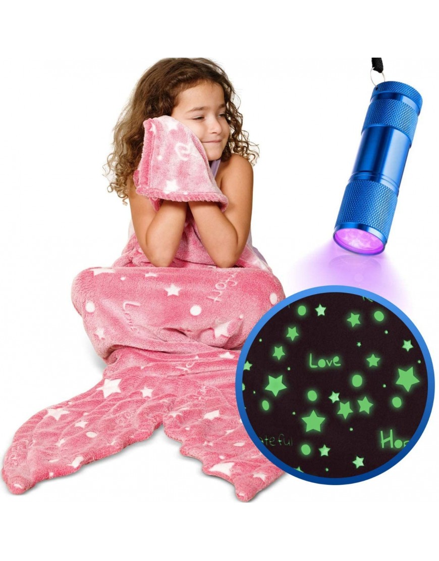 Mermaid Tail Blanket ,Glow in The Dark Throw Wearable Blanket ,Snuggle Fishtail with Stars and Positive Words Plush Cozy Soft Fleece for Kids Including UV Flashlight  Birthday for Girl ,Pink - BF2QCEH1Q
