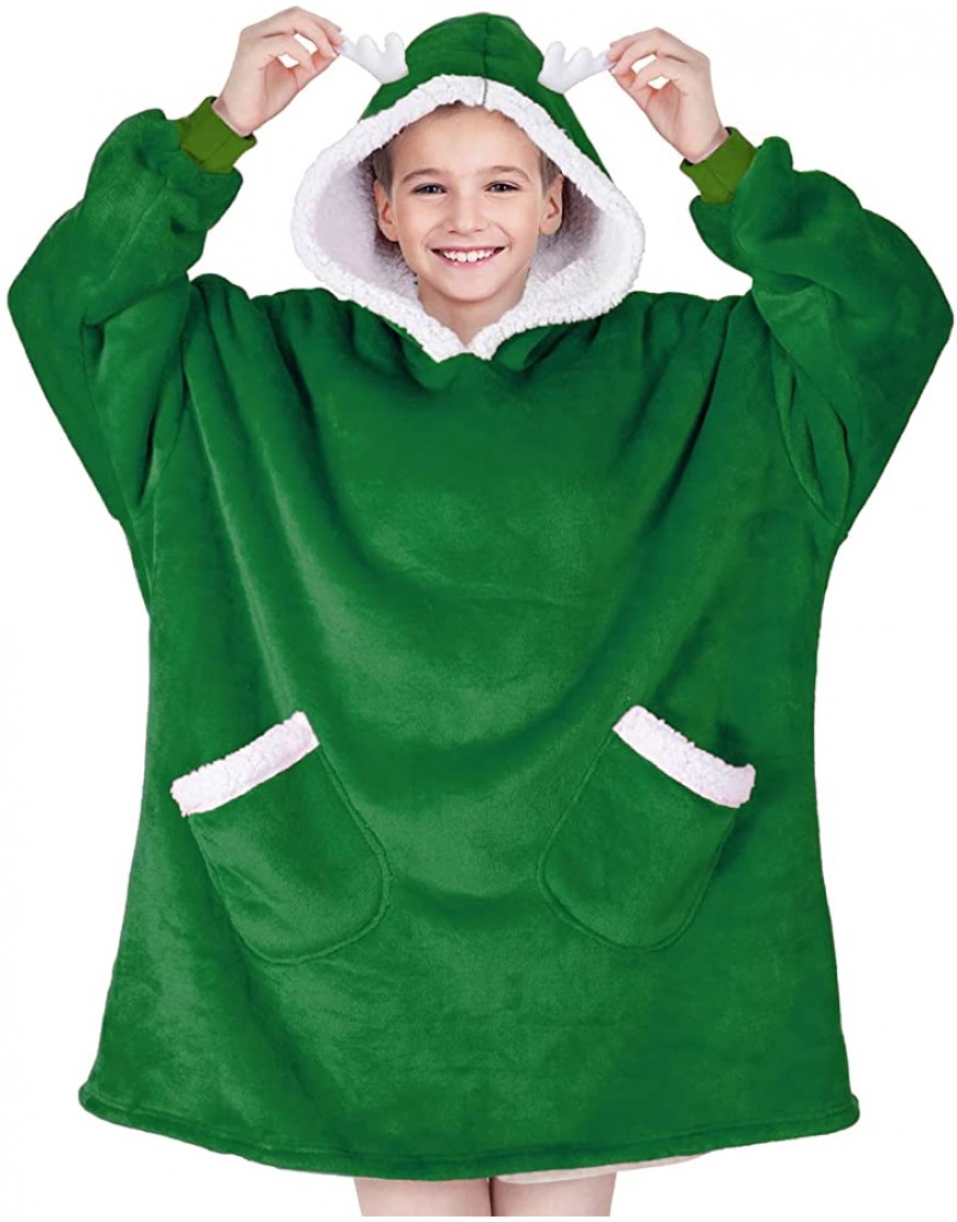 Oversized Hoodie Blanket Sweatshirt for Kids Boys Girls Teens Green Comfy Wearable Hoody Blanke Cozy Fleece Sherpa Blanket Jacket with Deep Pocket Xmax Elk Decorated Chrismas Birthday Gifts - BFR2OUGEJ