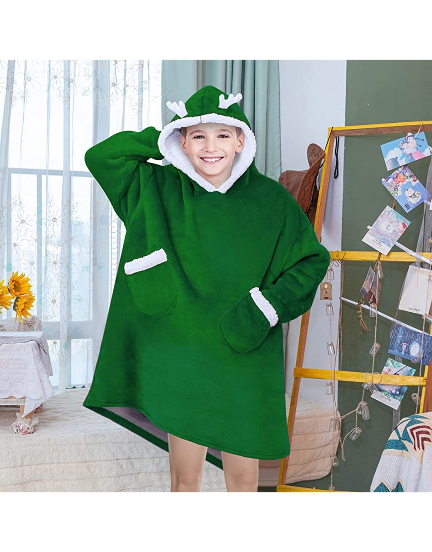 Oversized Hoodie Blanket Sweatshirt for Kids Boys Girls Teens Green Comfy Wearable Hoody Blanke Cozy Fleece Sherpa Blanket Jacket with Deep Pocket Xmax Elk Decorated Chrismas Birthday Gifts - BFR2OUGEJ