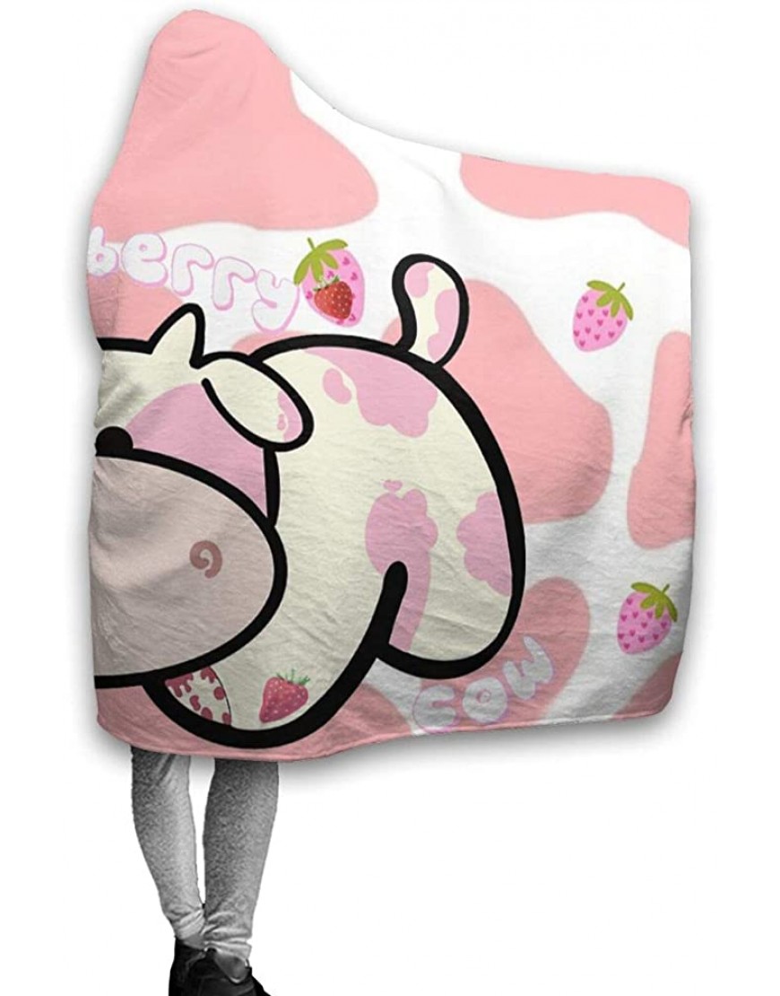 Strawberry Milk Cow Hooded Blanket Ultra Soft Wearable Throw Blanket Coral Fleece Blanket Hoodie Cloak for Sofa Lounge Bed Napping Small 50x40In Throw Kids - BIWC02W51