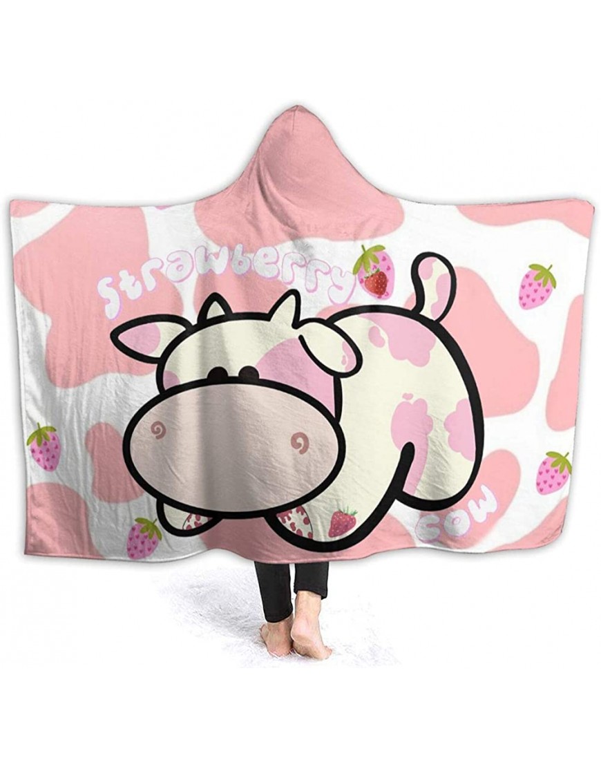 Strawberry Milk Cow Hooded Blanket Ultra Soft Wearable Throw Blanket Coral Fleece Blanket Hoodie Cloak for Sofa Lounge Bed Napping Small 50x40In Throw Kids - BIWC02W51