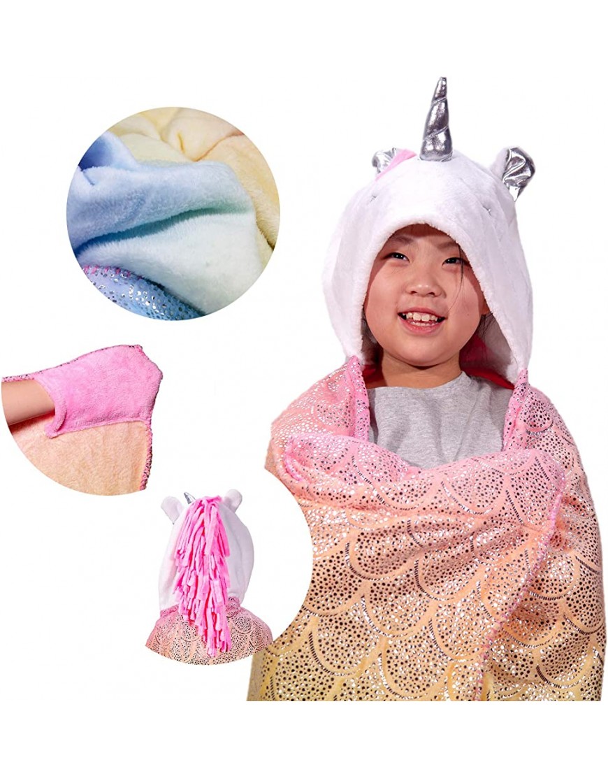 Unicorn Hooded Blanket Colorful Wearable Blanket Wrap Cute Flannel Rainbow Unicorn Hood Comfy and Warm Hooded Blanket for Kids Fish Scales - BNRDELF8D