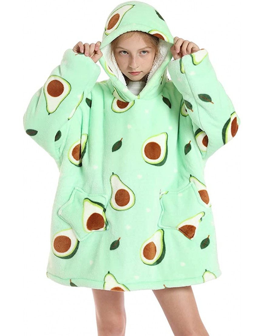 Wearable Blanket Hoodie for Kids Oversized Hooded Sweatshirt Girls Boy Cute Super Soft Flannel with Pockets and Sleeves Green Avocado - B6U2VVY3X