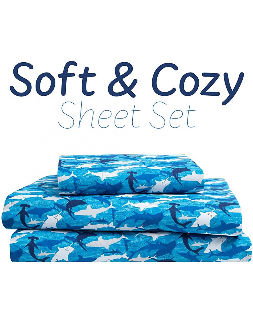 3-Piece Swimming Sharks Ocean Sea Kids Twin Microfiber Bed Sheet Set Bedding Blue Grey White - B5ASVDAWT