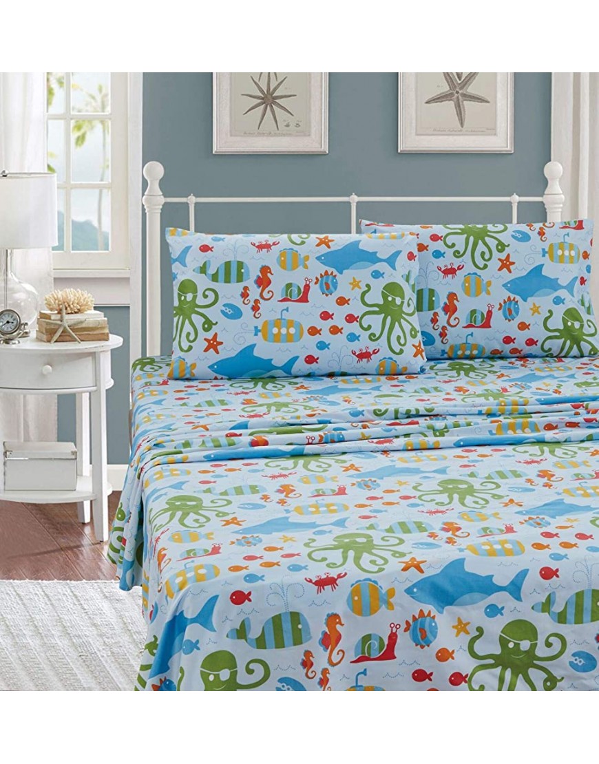 Better Home Style Multicolor Under The Sea Life Whales Fish Seahorse Sea Stars Octopus Lobster Kids Boys Teens 4 Piece Sheet Set Includes Pillowcases Flat and Fitted Sheets # Octopus Full - B322165DC
