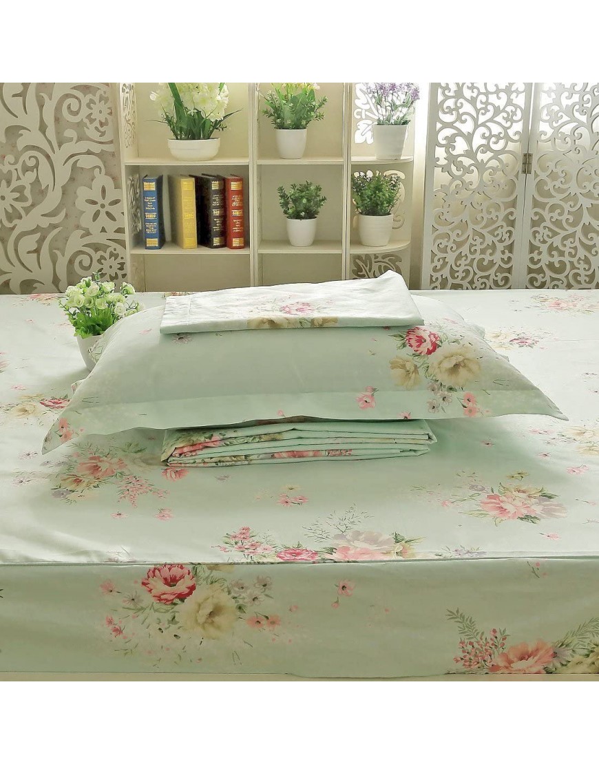 FADFAY Green Floral Bed Sheet Set Cotton Sheets 4-Piece Queen Size - BWBEYQ3A8