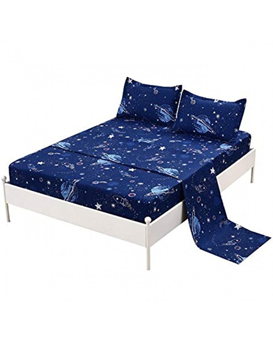 MAG Galaxy Theme Bed Sheet 4PC Navy Queen Size Out Space Bedding Sheet Set with 1 Flat & 1 Fitted Sheet with 2 Pillow Shams 12” Deep - B5X0SEQCU