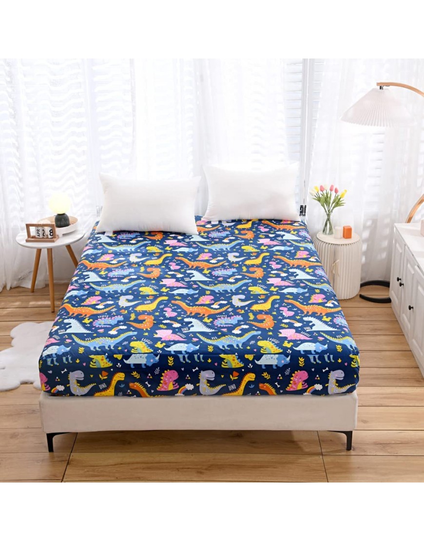 NATURETY Kids Bedding Fitted Sheet with Deep Pocket,Thicken Printed Fabric Bed Sheets for Teens Navy BlueDinosaur Twin - BHNRHHN4Z