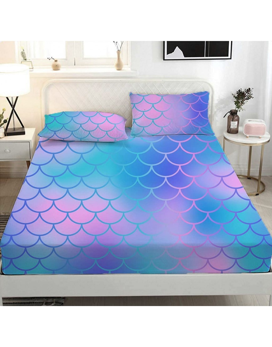 NSR Mermaid Sheet Sets Twin Size Kids Boys Girls Fish Scale Soft Microfiber Bed Sheet 3D Circles with Pastel Watercolour Rainbow Single Sheets 2pcs 1 Deep Pocket Fitted Sheet+1 Pillowcases - B7RMCK2WT