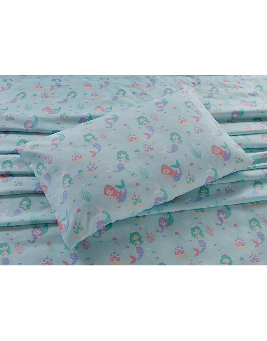Smart Linen Kids 4 Piece Queen Size Bed Sheet Set Includes Flat Fitted and Pillowcase Girls Bedding Sheets Mermaid Sea Horse Jelly Fish Castle Coral Aqua Blue White Pink Purple # Aqua Mermaid - B85E47YYX