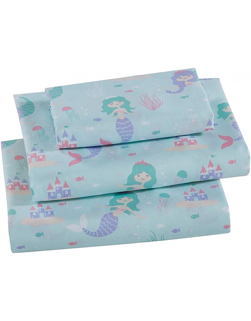 Smart Linen Kids 4 Piece Queen Size Bed Sheet Set Includes Flat Fitted and Pillowcase Girls Bedding Sheets Mermaid Sea Horse Jelly Fish Castle Coral Aqua Blue White Pink Purple # Aqua Mermaid - B85E47YYX