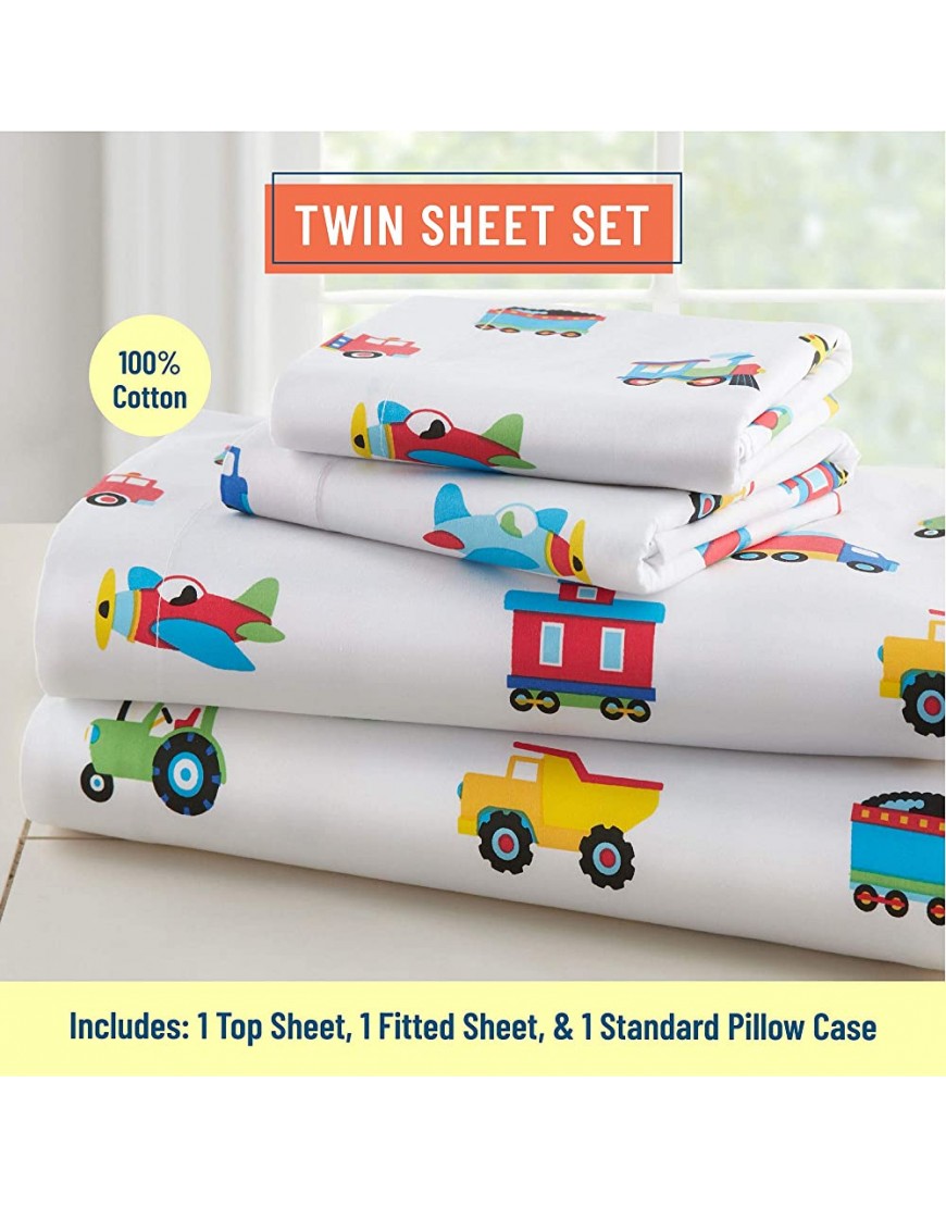 Wildkin Kids 100% Cotton Twin Sheet Set for Boys & Girls Bedding Set Includes Top Sheet Fitted Sheet and One Standard Pillow Case Bed Sheet Set for Cozy Cuddles,BPA-free Trains Planes & Trucks - B1GW794Z5