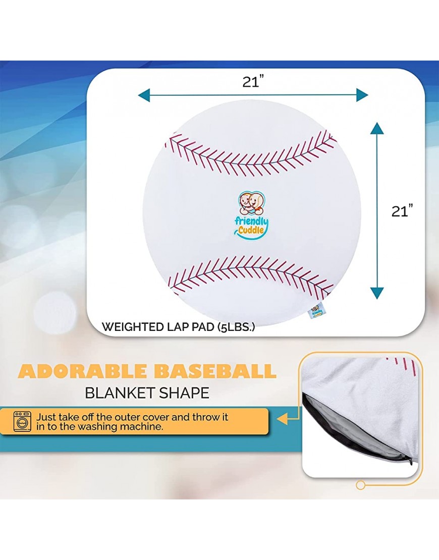 FRIENDLY CUDDLE Baseball Machine Washable Weighted Lap Pad for Kids 5 lbs. Sensory Weighted Stuffed Lap Blanket for Toddlers Kids Adults with Sensory Processing Disorder Home Classroom Travel - BFHYTS8QK