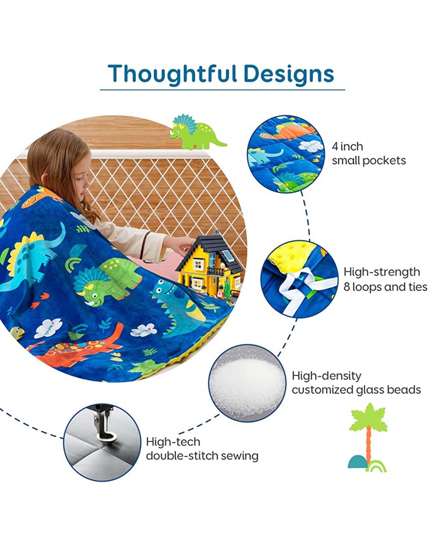 Sivio Kids Weighted Blanket & Removable Duvet Cover Set 100% Cotton Weighted Comforter with Glass Beads 3lbs 36 × 48 inch Minky Dotted Cover Machine Washable Blue Dinosaur - BEXY6D285