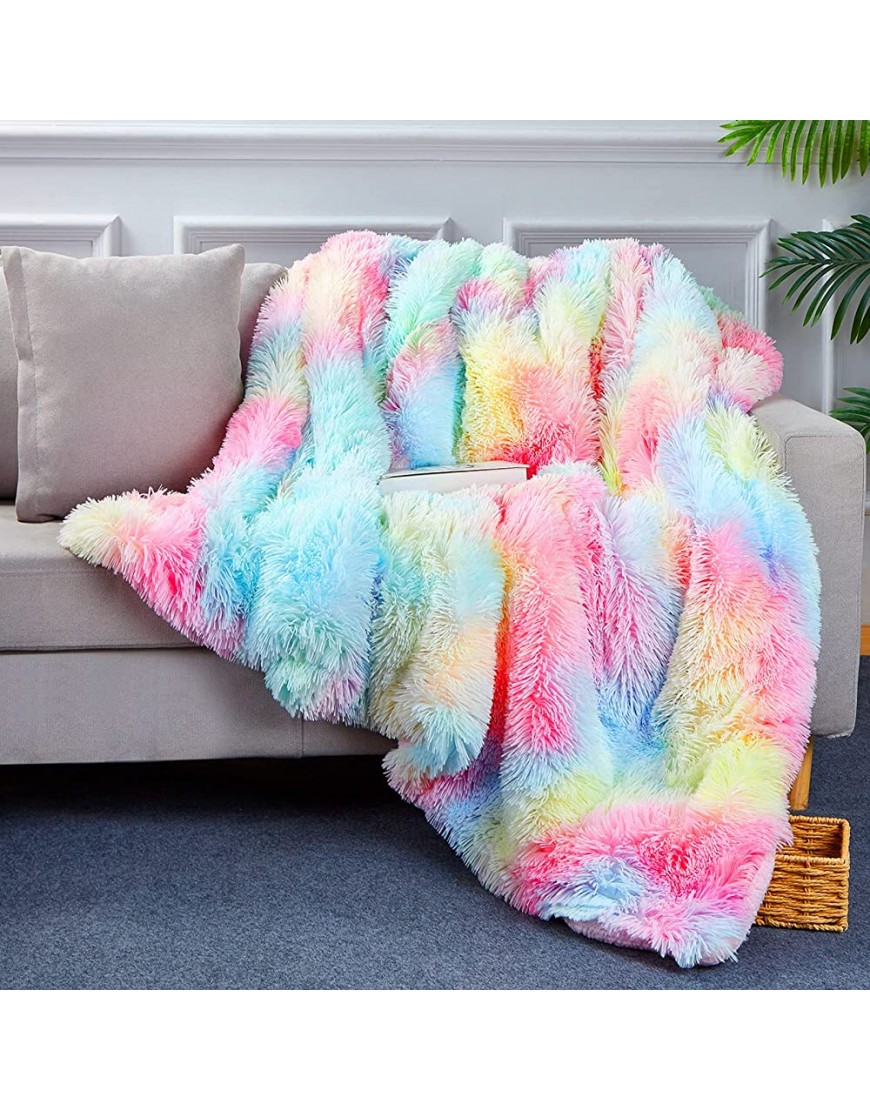Bobor Rainbow Faux Fur Throw Blanket for Girls Super Shaggy Reversible Sherpa Fleece Microfiber Blanket Fuzzy Lightweight Plush Tie Dye Decorative Blankets for Couch Sofa Bed Rainbow 50"x60" - BNHLOUQUJ
