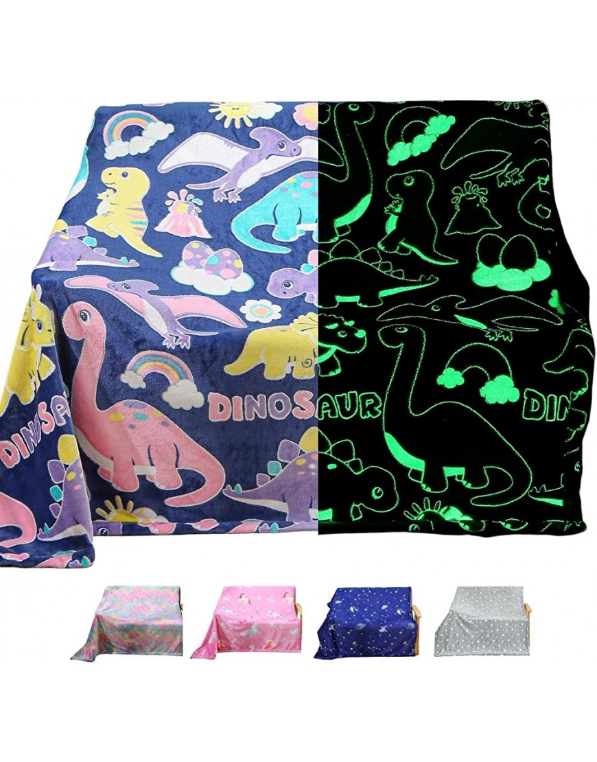 BOOD Glow in Dark Blanket for Kids Dinosaur Blanket for Girls and Boys Christmas Personalized Gifts for Kids Boys Blankets and Dinosaur Blue Dino Soft Fleece Blankets - BBOTLCXW2
