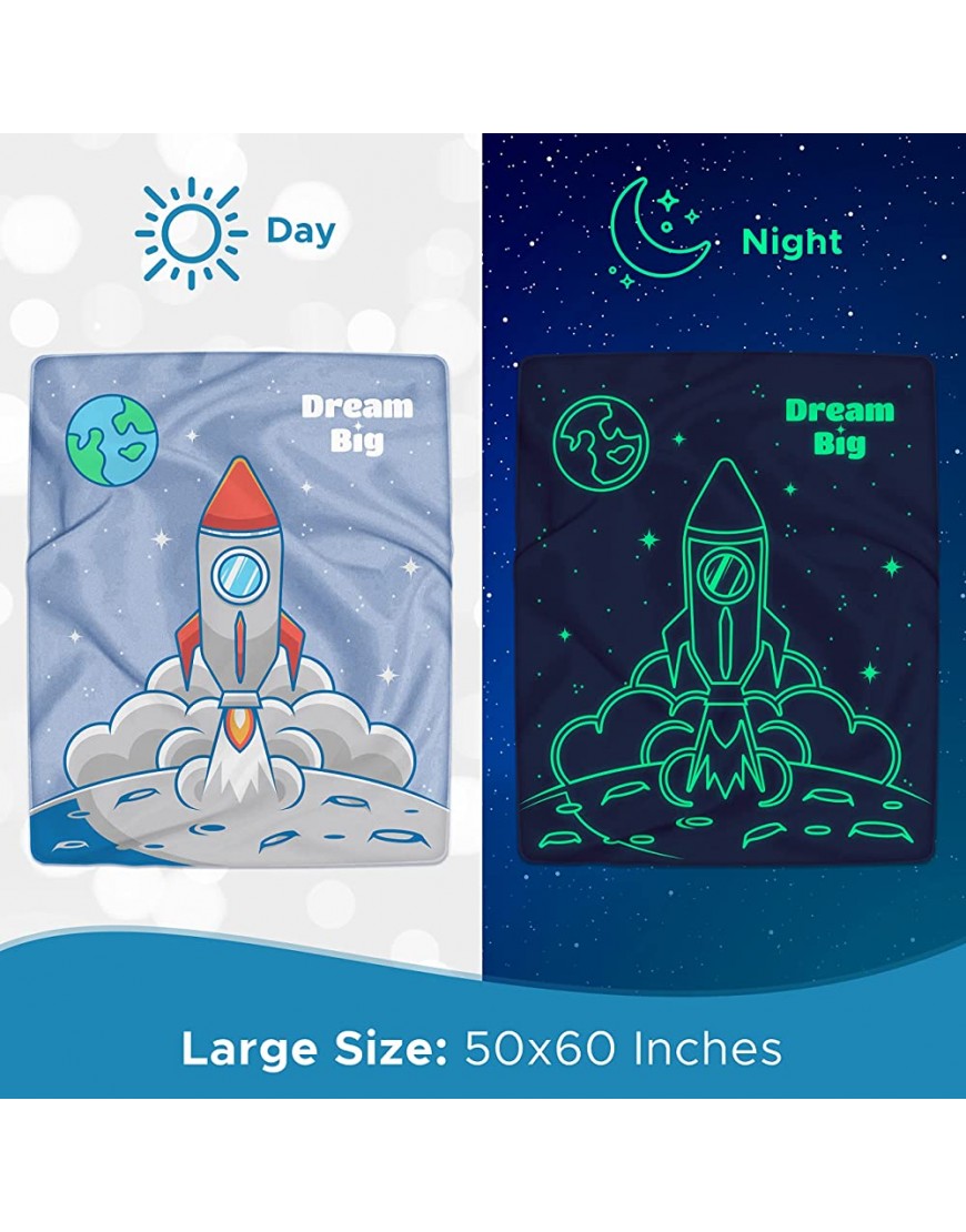 GLOWING SNUGGLES Glow in The Dark Space Blanket for Kids -Planet Star Spaceship Rocket Outerspace Decor for Kids Room- Kids Blanket 60 x 50 Birthday Gifts for Boys- Boys Toys Boy Gifts - B1YBK55BB