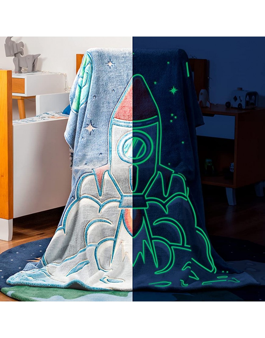 GLOWING SNUGGLES Glow in The Dark Space Blanket for Kids -Planet Star Spaceship Rocket Outerspace Decor for Kids Room- Kids Blanket 60 x 50 Birthday Gifts for Boys- Boys Toys Boy Gifts - B1A9JRM8F