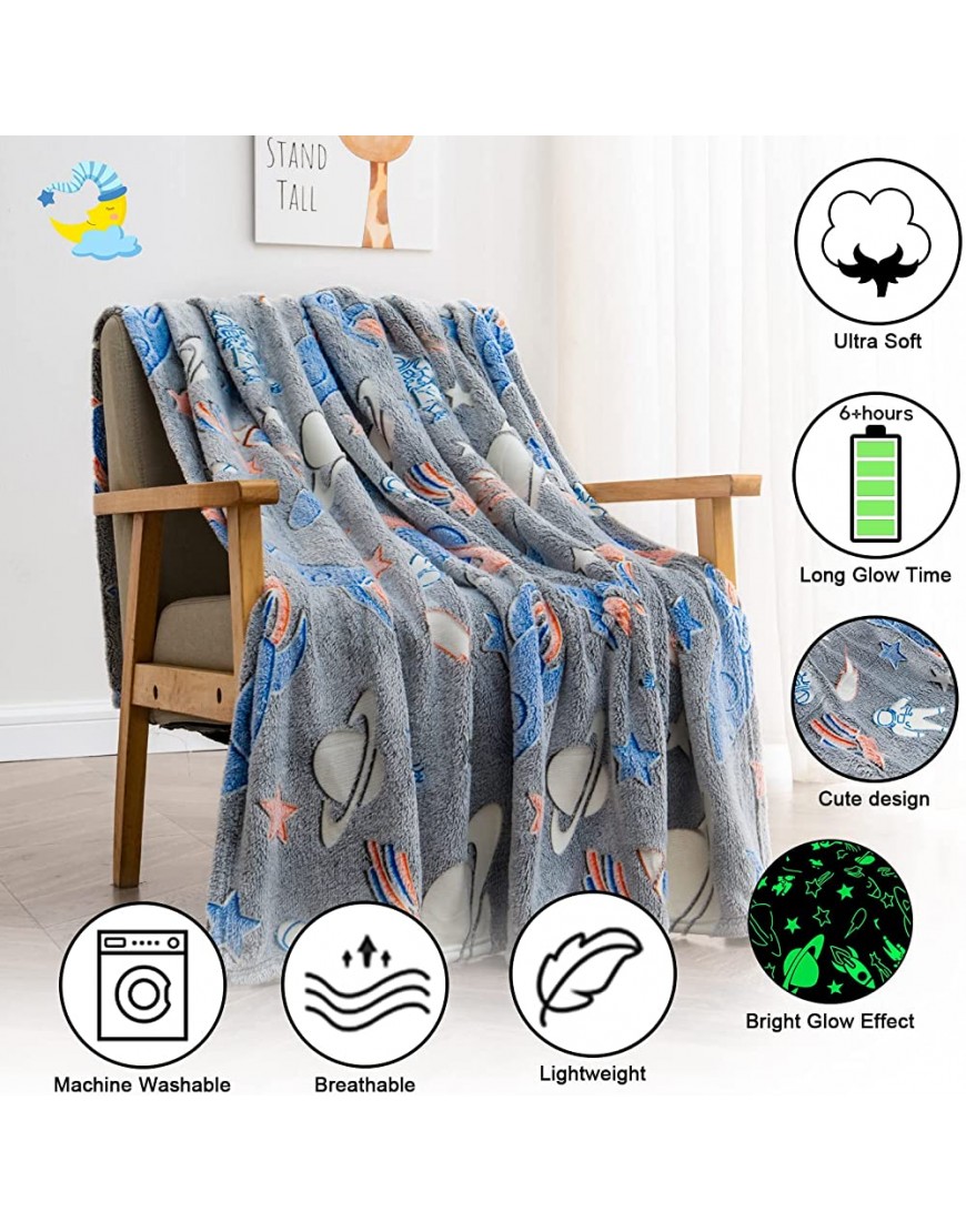 OHDS Glow in The Dark Blanket for Kids 60x50 Outer Space Throw Blankets for Boys Girls Soft Fleece Quilt Blanket Comfy Warm Cute Throws for Couch Bed Birthday Gifts for Toddler Kids Grandkids - BXUHHWGIA