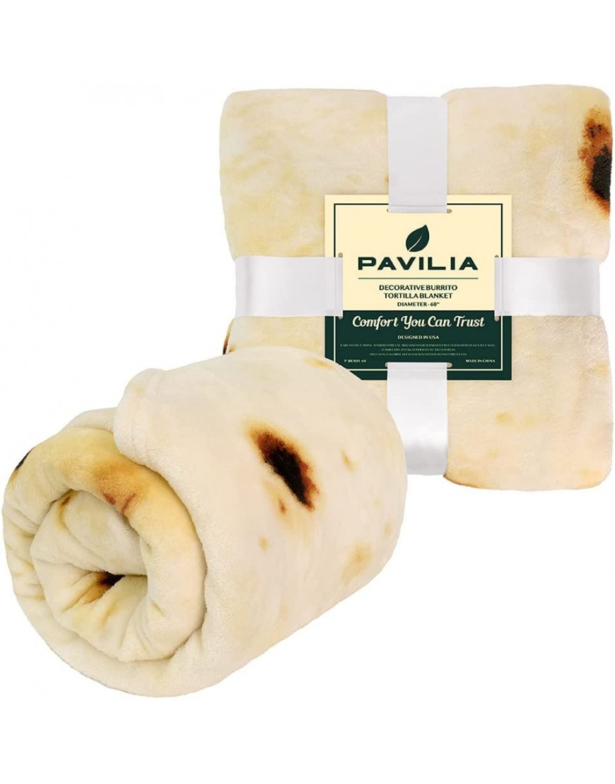 PAVILIA Burritos Tortilla Blanket Gift | Giant Tortilla Novelty Food Blanket Double Sided Round Burrito Wrap Fleece Throw Funny Gift Cool Gag Fun Gifts for Adults Kids Friends Beige 60 Inches - BR6GFH1H5