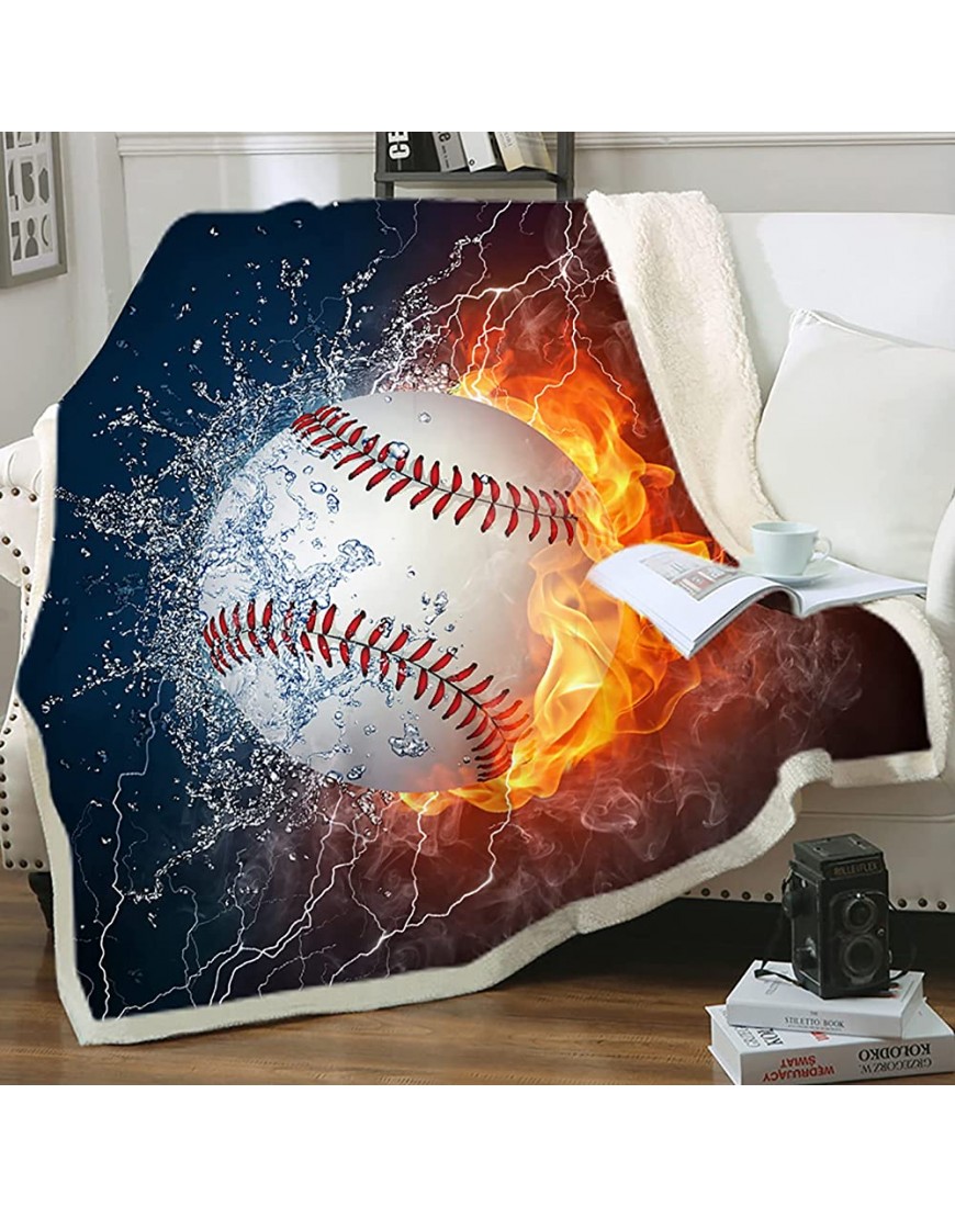 Sviuse Baseball Blanket 3D Print Throw Blanket White Ball in Fire and Water Flannel Soft Plush Sport Throw for Kids Boys All Season Couch Bed Sofa Home Decor - B4PJCBY4U