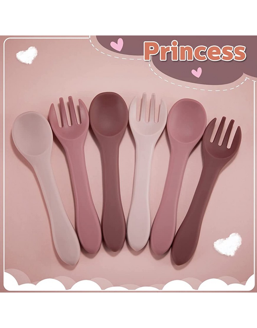 6 Pieces Silicone Baby Feeding Forks and Spoons Set Hot Safety First Stage Self Feeding Supplies Mini Kids Utensils for over 6 Months Babies Boy Girl Toddlers First Foods Princess Color,Simple Style - BUMMONX44
