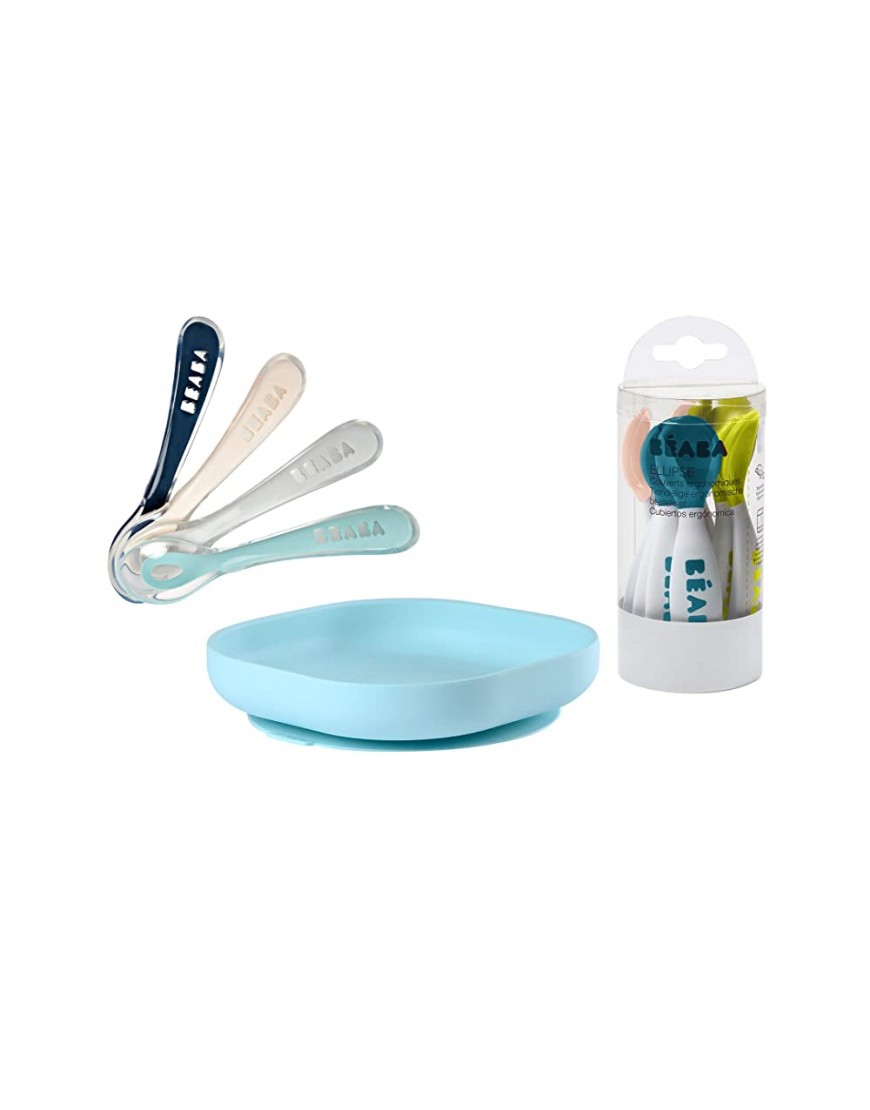 BEABA Second Stage Silicone Spoons for Self Feeding Babies Silicone Suction Plate + Second Stage Ergonomic Baby Cutlery - BLRPWZNAX