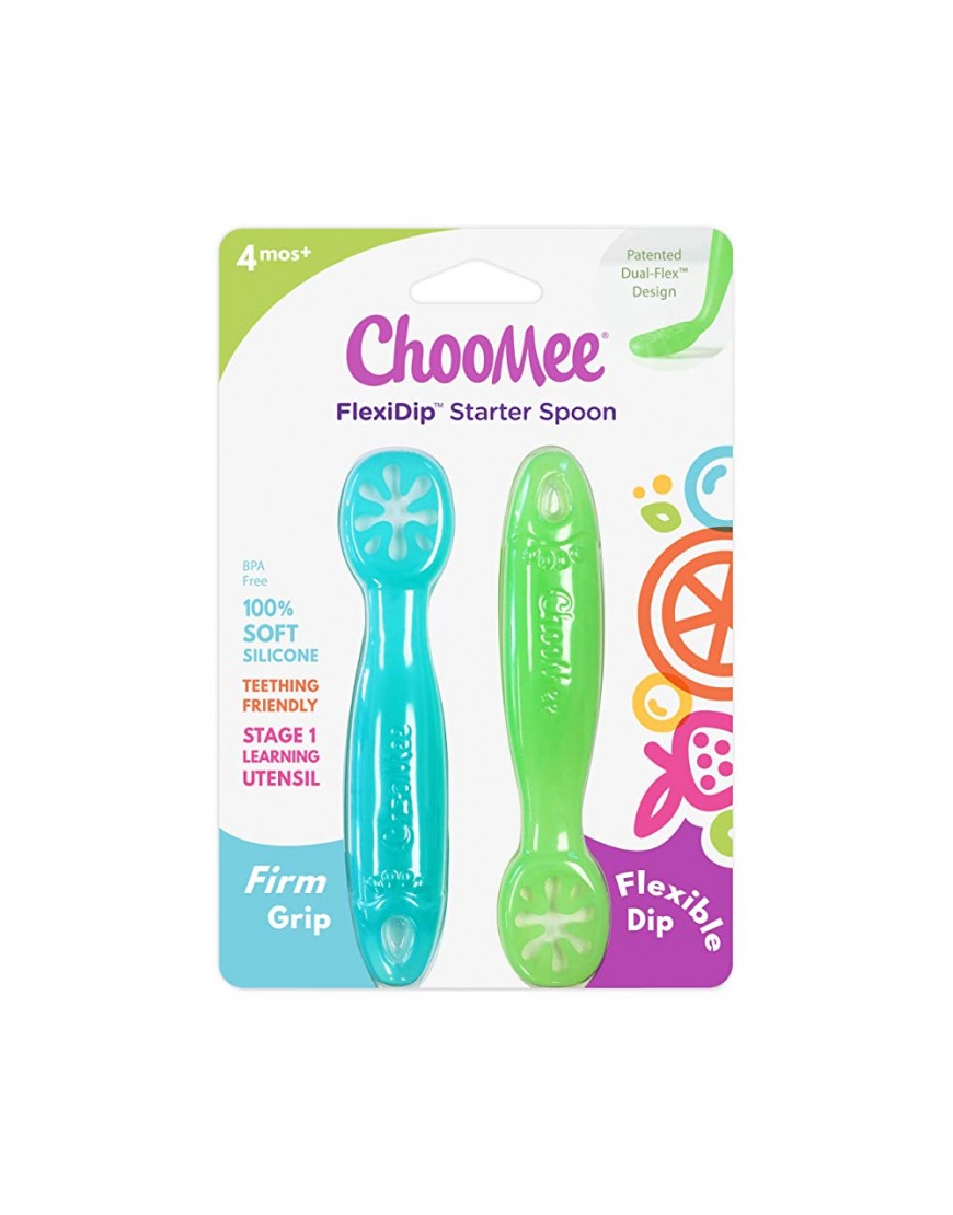 ChooMee Silicone Baby Spoons | FlexiDip First Stage Self Feeding Dipping Spoon | Teething Friendly Soft Tip with Firm Handle | 100% Silicone | 2 CT | Aqua Green - BKSACYXK1