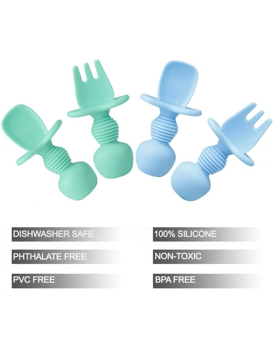 PandaEar 4 Pack Silicone Baby Spoons and Fork Feeding Set- Anti-Choke First Self Feeding Utensils for Baby Led Weaning Ages 3 Months Cyan+Blue - BBJT7YK32