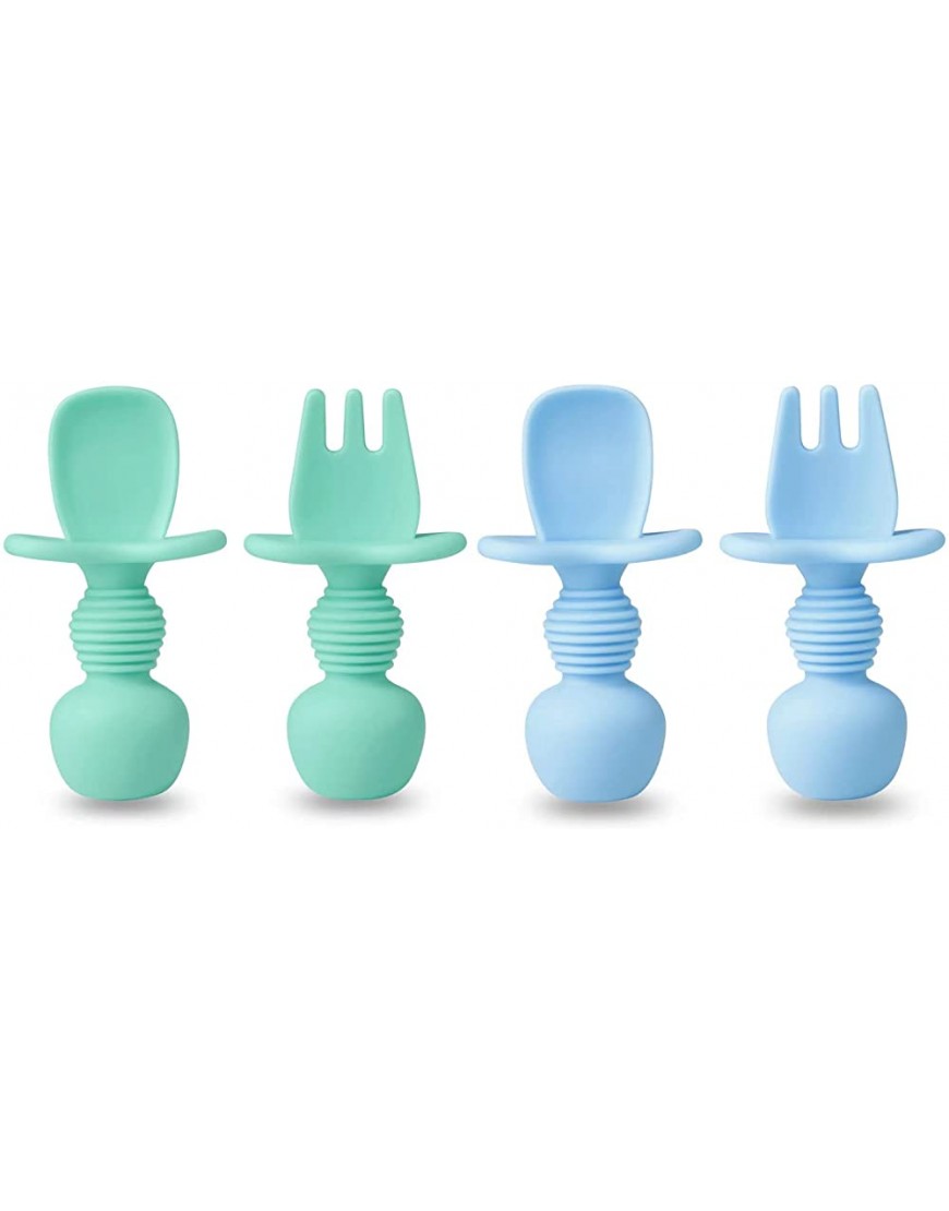 PandaEar 4 Pack Silicone Baby Spoons and Fork Feeding Set- Anti-Choke First Self Feeding Utensils for Baby Led Weaning Ages 3 Months Cyan+Blue - BYIWDE42P