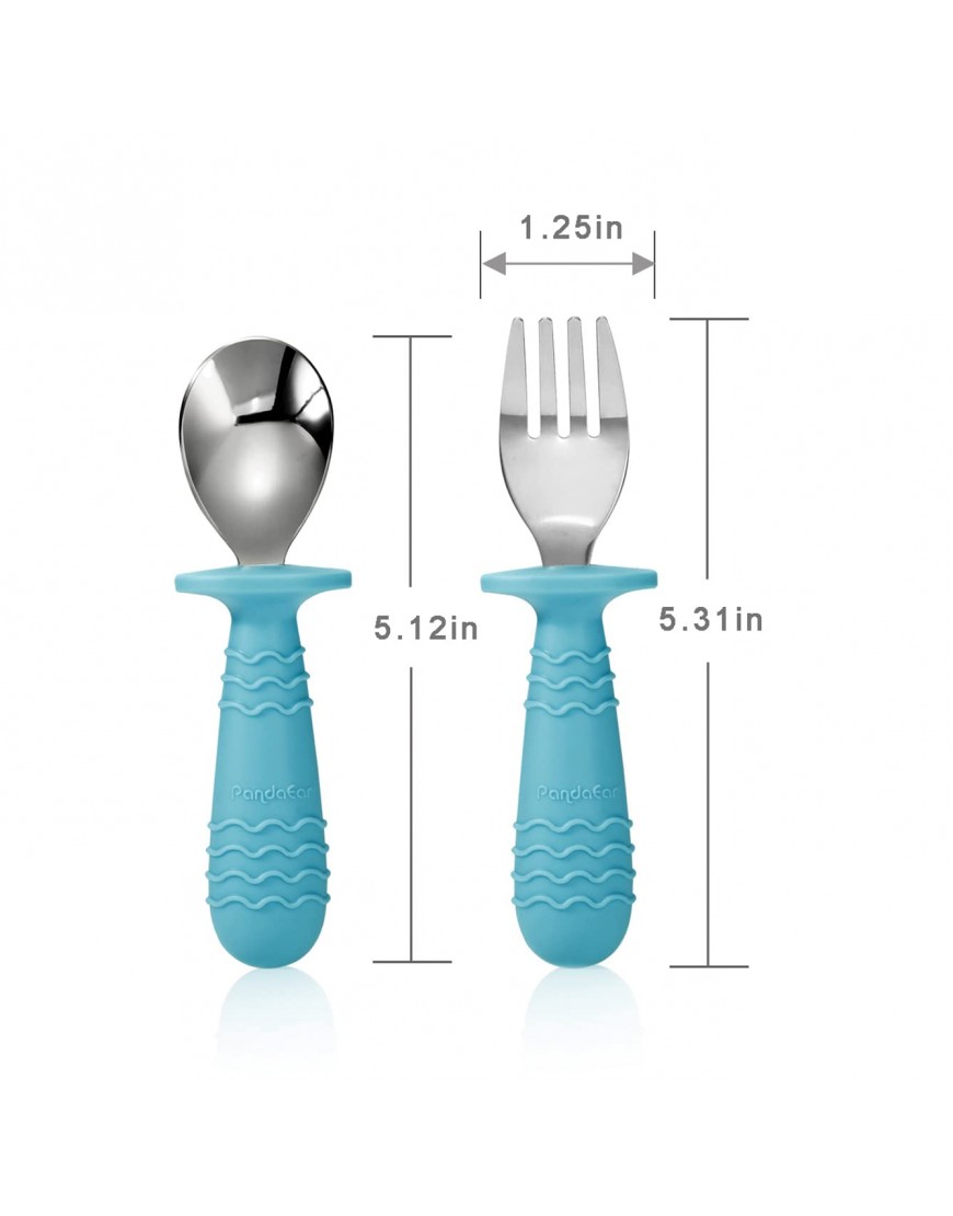 PandaEar 4 Set Baby Toddler Silicone Stainless Steel Utensils Silverware Spoon Fork for Baby Toddler BPA Free with Silicone Holding Anti-Choke Design Blue&Grey - BEX3EOZL2