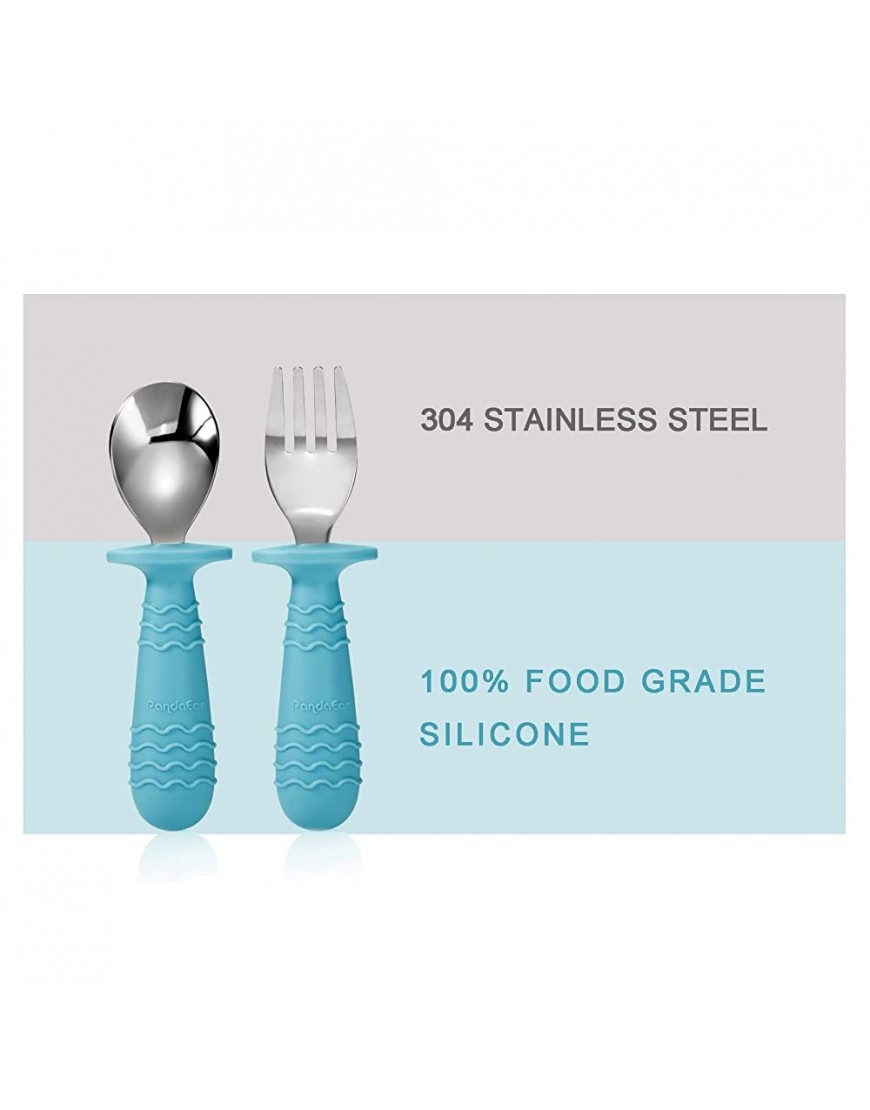 PandaEar 4 Set Baby Toddler Silicone Stainless Steel Utensils Silverware Spoon Fork for Baby Toddler BPA Free with Silicone Holding Anti-Choke Design Blue&Grey - BEX3EOZL2