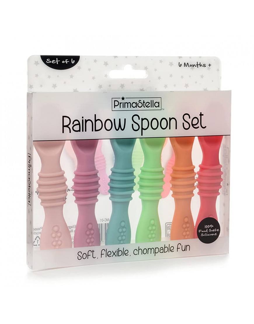 PrimaStella Silicone Rainbow Chew Spoon Set for Babies and Toddlers | Safety Tested | BPA Free | Microwave Dishwasher and Freezer Safe - B0XPTE0G3