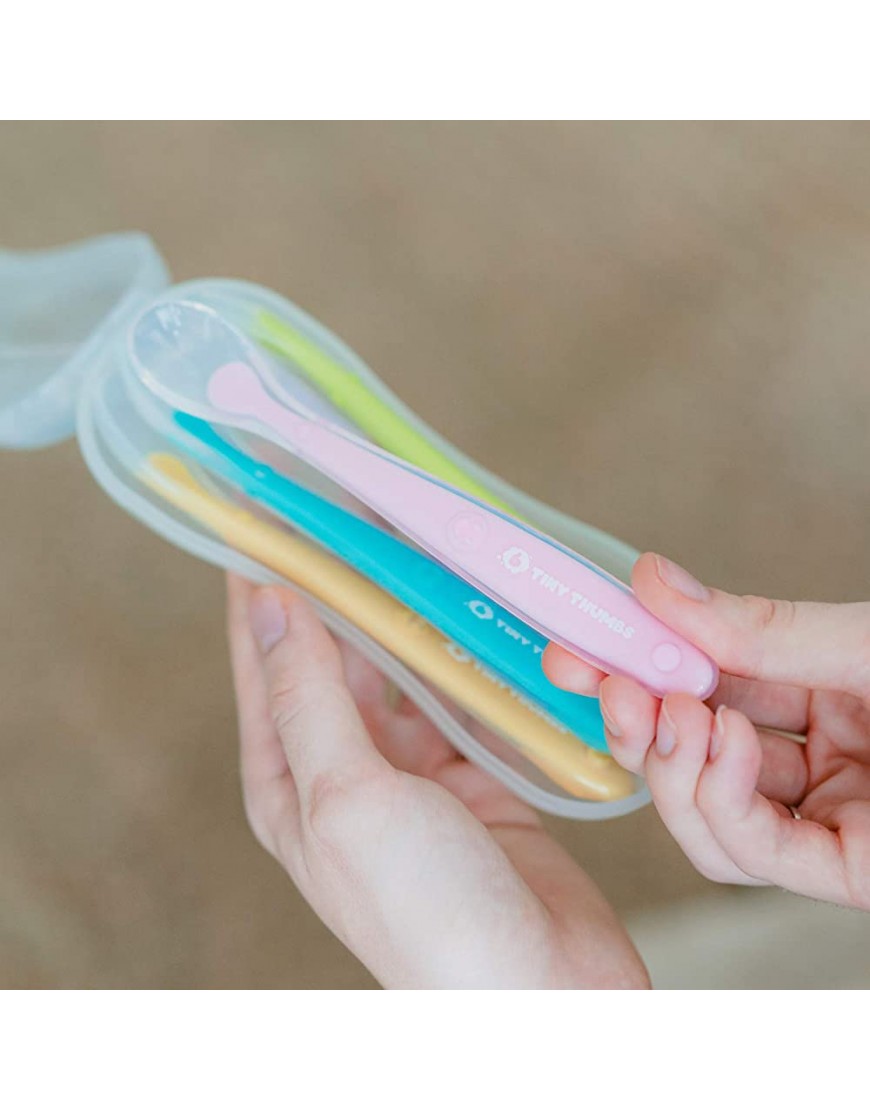 Tiny Thumbs Set of 5 Baby Spoons First Stage with Travel Spoon Case Food Grade Silicone Infant Spoons with Soft Tips Colorful Baby Utensils for Baby Lead Weaning - BN6TAF7J5