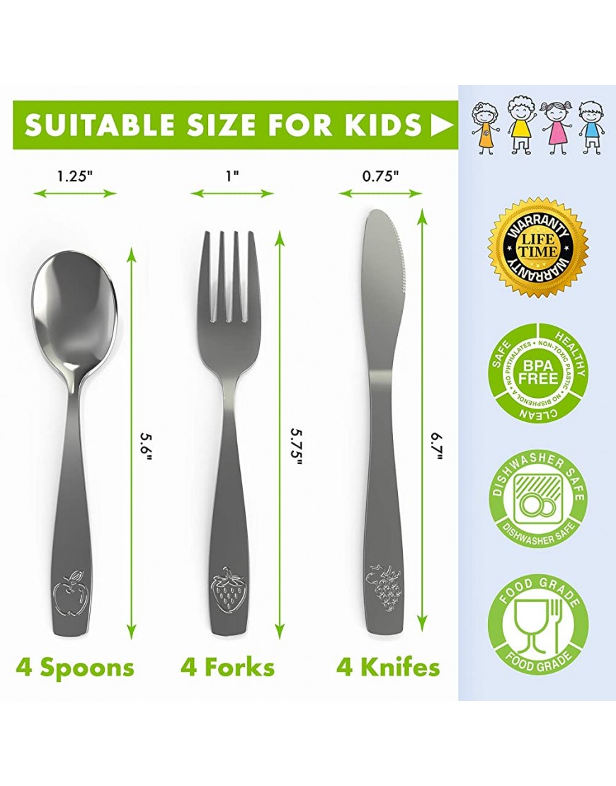12 Piece Stainless Steel Kids Silverware Set Child and Toddler Safe Flatware Kids Utensil Set Metal Kids Cutlery Set Includes 4 Small Kids Spoons 4 Forks & 4 Knives - BMKHIRYQB