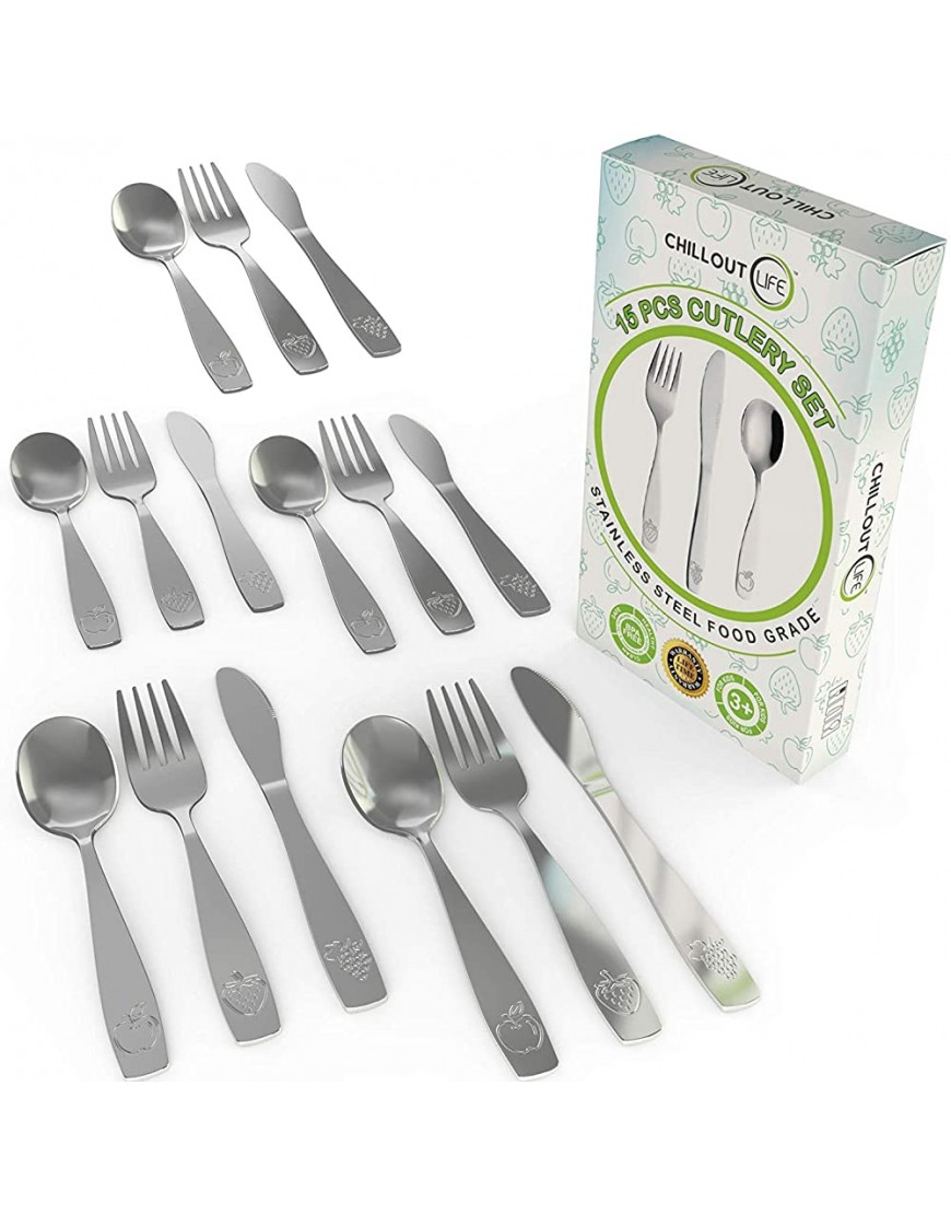 15 Piece Stainless Steel Kids Silverware Set Child and Toddler Safe Flatware Kids Utensil Set Metal Kids Cutlery Set Includes 5 Small Kids Spoons 5 Forks & 5 Knives - BZAV9Y5X3
