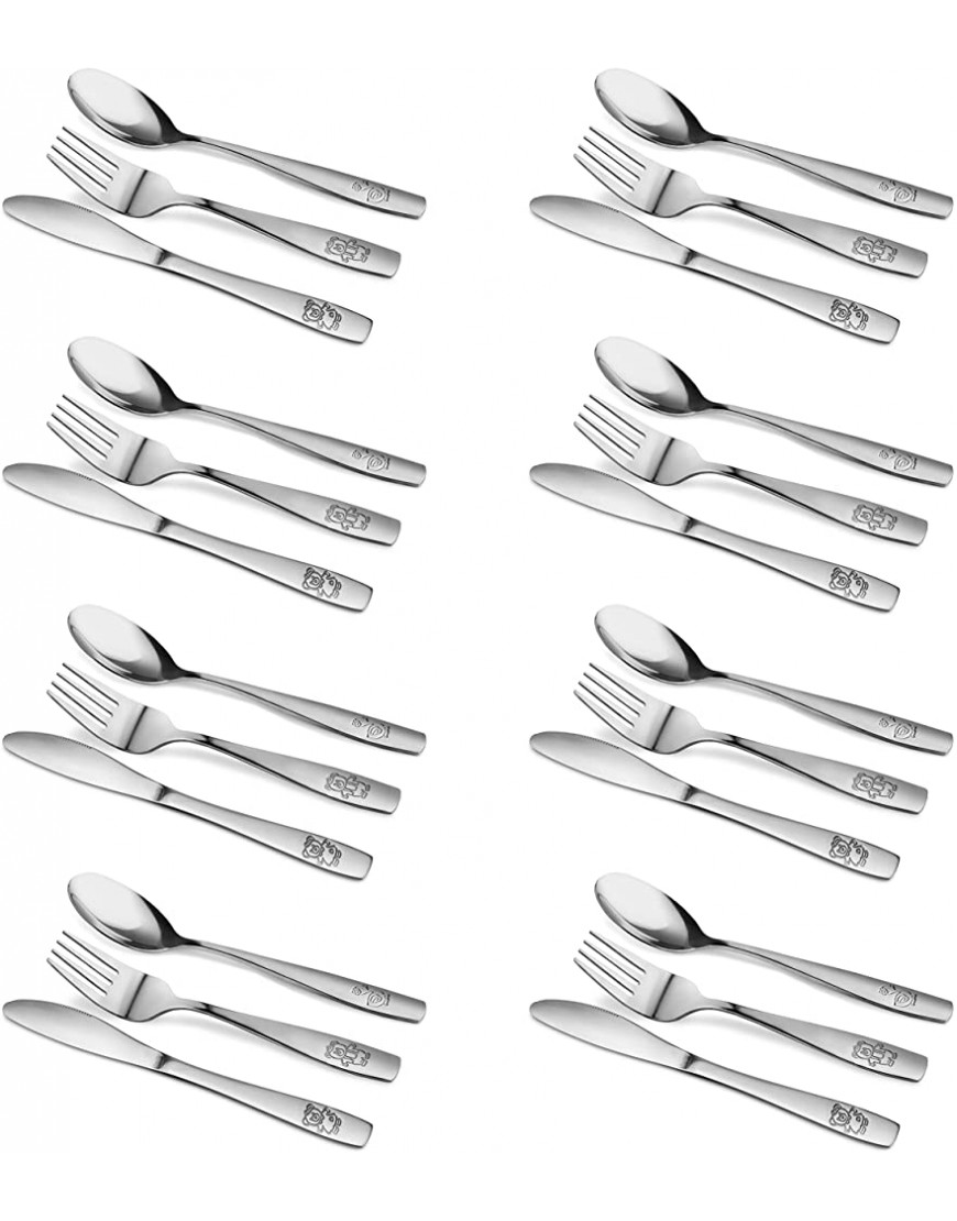 24 Piece Stainless Steel Kids Cutlery Child and Toddler Safe Flatware Kids Silverware Kids Utensil Set Includes 8 Knives 8 Forks 8 Spoons Total of 8 Place Settings Ideal for Home and Preschools - B0CM4ZKNM