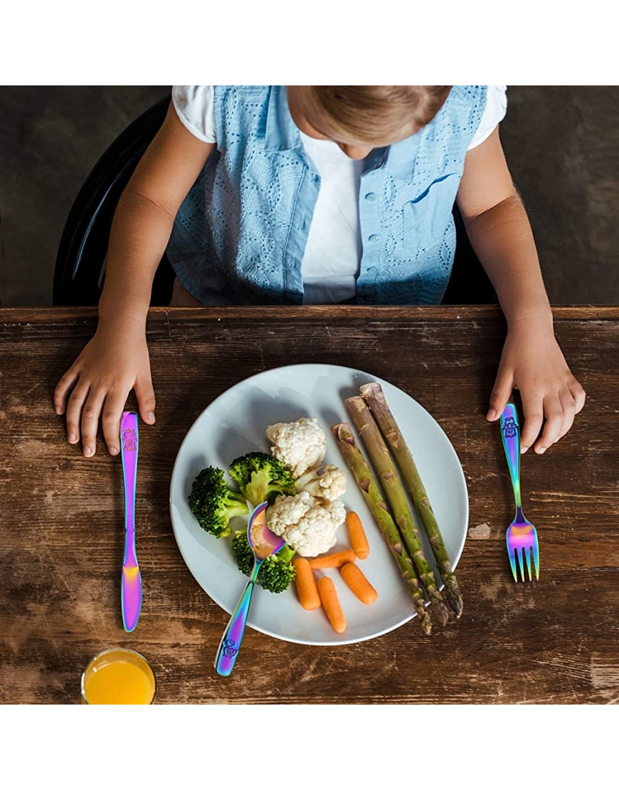 9 Piece Stainless Steel Rainbow Kids Cutlery Child and Toddler Safe Flatware Kids Silverware Kids Utensil Set Includes 3 Knives 3 Forks 3 Spoons Total of 3 Settings Ideal for Home and Preschool - BFCB9TSD0