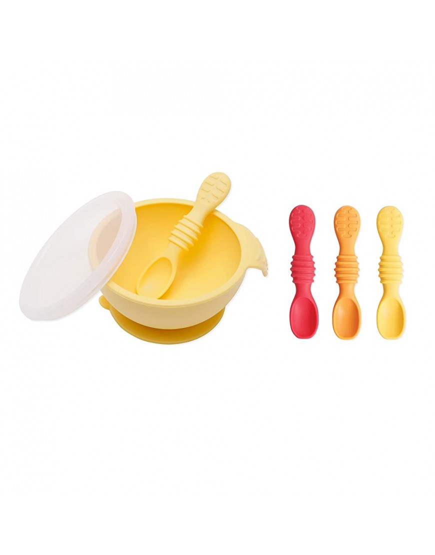 Bumkins Baby Feeding Set Silicone Suction Bowl Lid Dipping Spoons First Feeding Baby Led Weaning Ages 3 Months+ - BTIZRT6OA