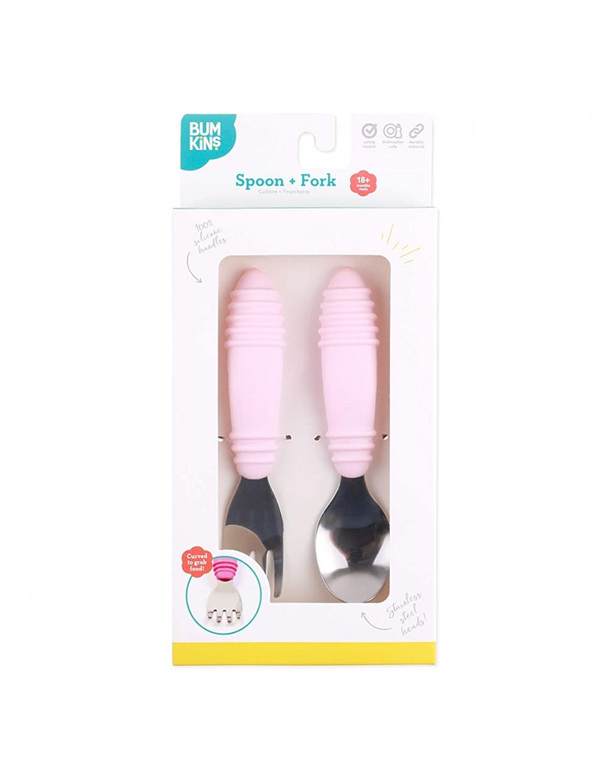 Bumkins Utensils Silicone and Stainless Steel Baby Fork and Spoon Set Toddler Silverware Self Feeding – Pink - BRVA4YVM9