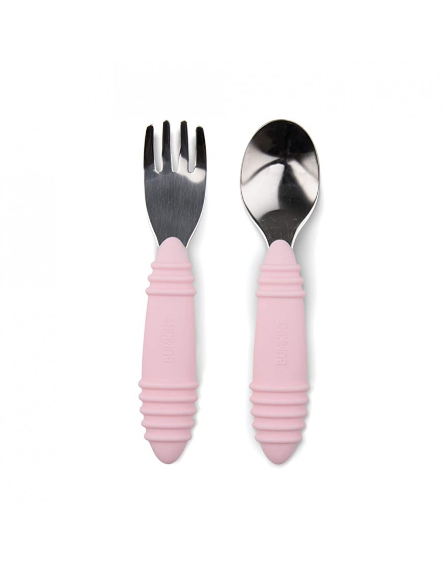 Bumkins Utensils Silicone and Stainless Steel Baby Fork and Spoon Set Toddler Silverware Self Feeding – Pink - BRVA4YVM9