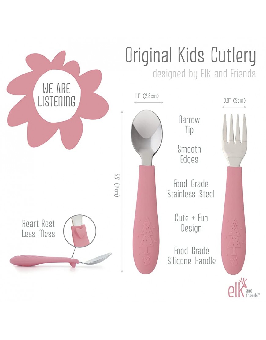 Elk and Friends Stainless Steel Kids Baby Spoons + Forks with Silicone Handle | Kids Safe Cutlery | Toddler Utensils - BIOHD568F