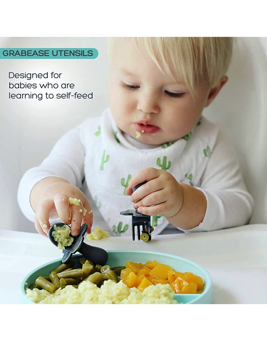 Grabease Baby and Toddler Self-Feeding Utensils – Spoon and Fork Set for Baby-Led Weaning – Made of Non-Toxic Plastic – Featuring Protective Barriers to Prevent Choking and Gagging - BQYAA10XI