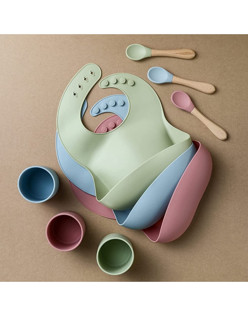 HongHong Silicone Baby Feeding Set Bib Dinosaur Shape Plate for with Suction Drinking Cup and Led Weaning Spoon Toddler Self Training Eating Dishes Supplies Dusty Blue 25*30*5cm SF002 - BEFMI9G8M