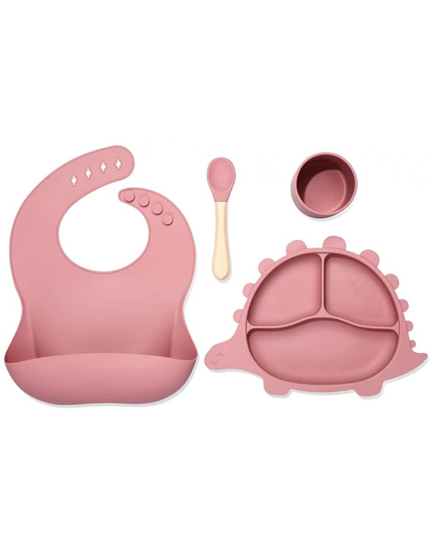 HongHong Silicone Baby Feeding Set Bib Dinosaur Shape Plate for with Suction Drinking Cup and Led Weaning Spoon Toddler Self Training Eating Dishes Supplies Dark Pink 25*30*5cm BC001 - BGQQHKON1